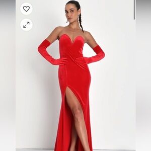 Glamorous Event Red Velvet Strapless Mermaid Maxi Dress & Gloves - Size S